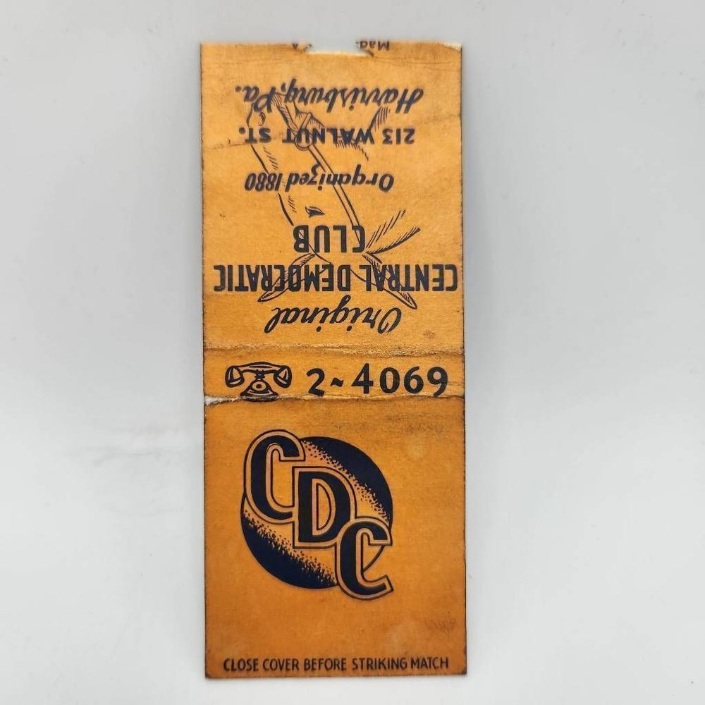 Vintage Bobtail Matchcover Central Democratic Club Harrisburg Pennsylvania